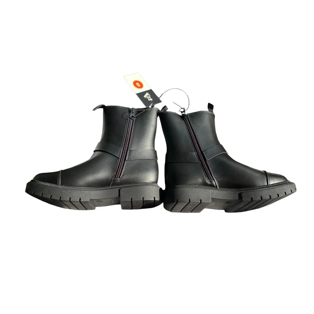 Art Class Kids Black Harness Moto Boots Chunky Lug Sole Side Zip Size 3 NEW